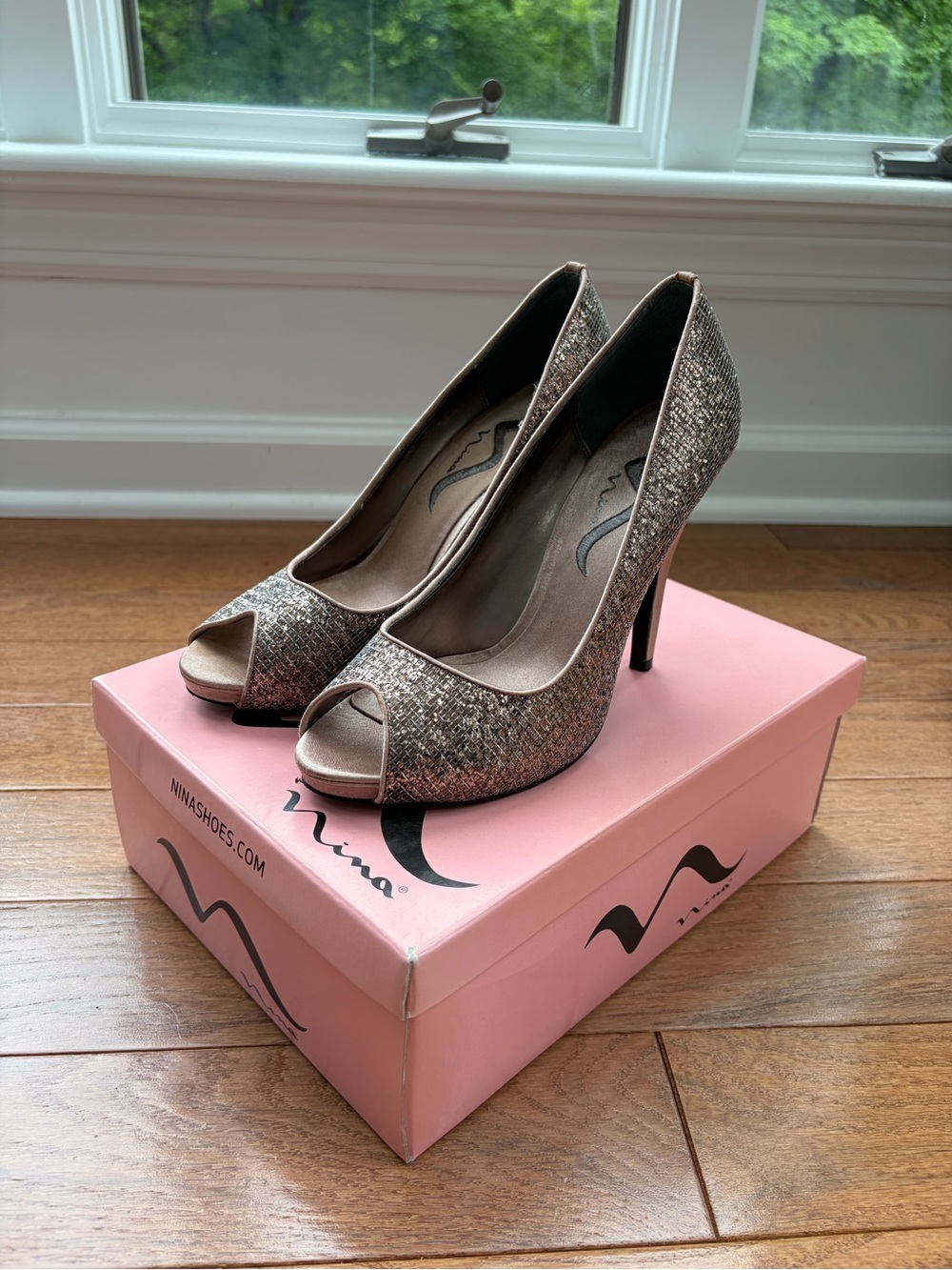 Nina Glittered Taupe Open-Toe Stiletto Heels